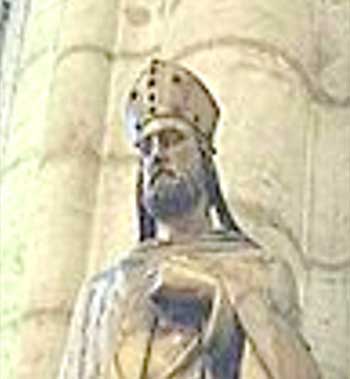 Wooden statue of Saint Nicetius in front of the Saint-Nizier Church, in Lyons