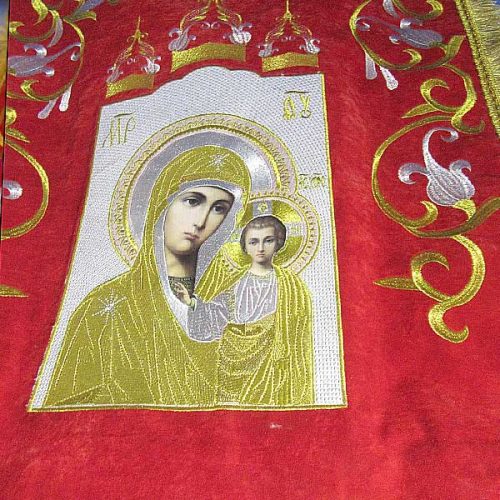 Detail of Our Lady and the Baby Jesus on Quality Processional Banner