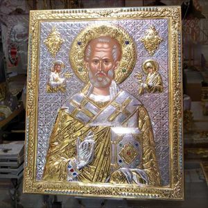 Icon of Saint Nicholas in silver and crystals